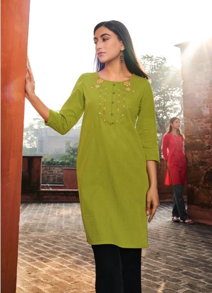 Parrot Green Cotton Embroidered Office-Wear Straight-Line Readymade Kurti