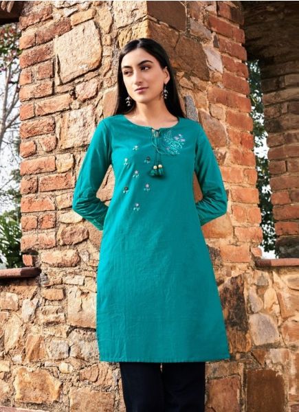 Teal Blue Cotton Embroidered Office-Wear Straight-Line Readymade Kurti