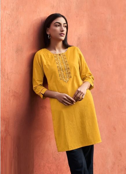 Yellow Cotton Embroidered Office-Wear Straight-Line Readymade Kurti