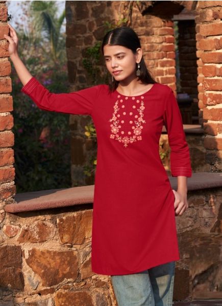Red Cotton Embroidered Office-Wear Straight-Line Readymade Kurti