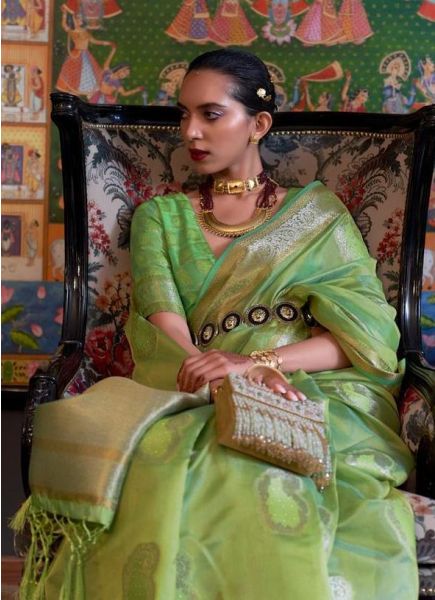 Light Green Two Tone Handloom Organza Sequins-Work Weaving Festive-Wear Saree
