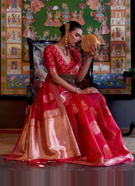 Red Two Tone Handloom Organza Sequins-Work Weaving Festive-Wear Saree