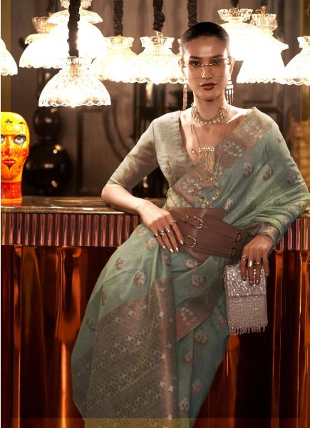 Light Sage Green Linen Silk Saree with Copper Zari Silk Weaving
