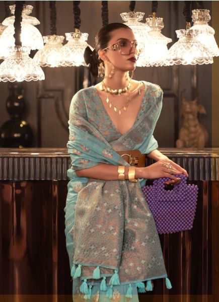 Light Blue Linen Silk Saree with Copper Zari Silk Weaving