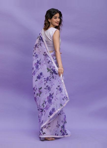 Light Lavender Chinon Digitally Printed Sequins-Work Saree For Kitty Parties