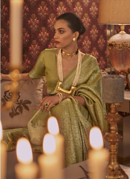 Light Olive Green Two-Tone Nylon Silk Saree with Multi-Zari Handloom Weaving