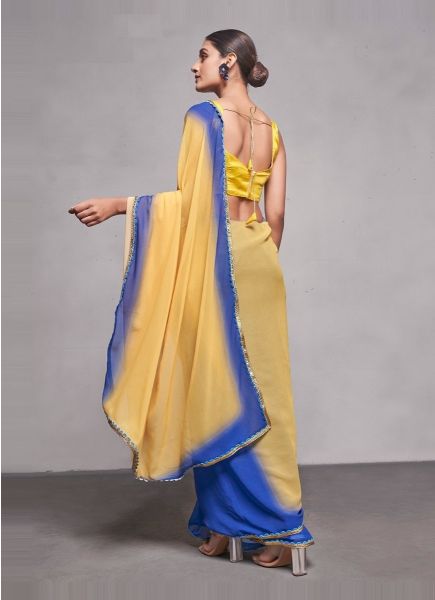 Blue & Yellow Georgette Printed Saree For Kitty Parties