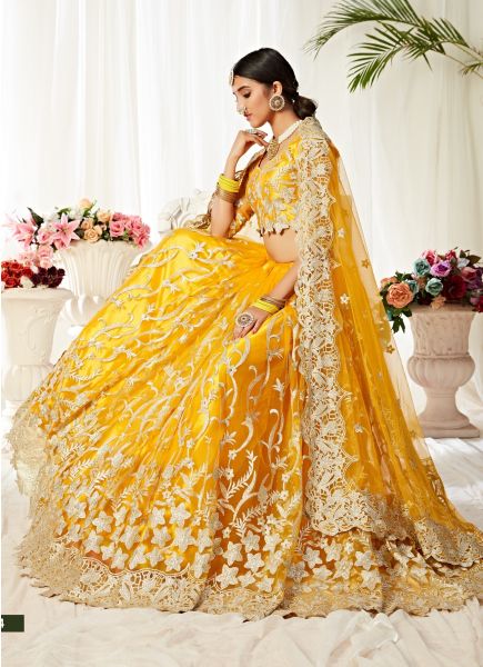 Yellow Net With Silk Satin 2 Layer Party-Wear Lehenga Choli