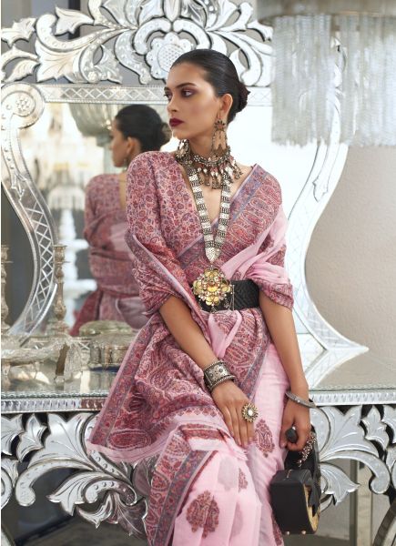 Pink Silk Handloom Weaving Festive-Wear Kashmiri Saree