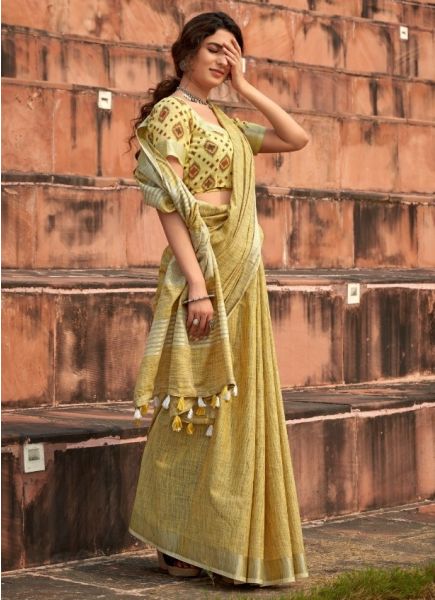 Yellow Soft linen Silk with Khadi Print Saree