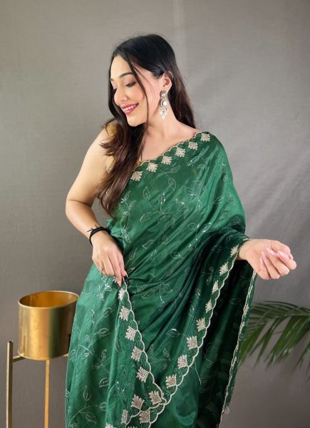 Green Silk Thread-Work Party-Wear Boutique-Style Saree