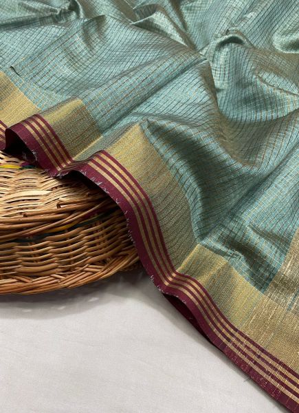 Sage Blue Woven Silk Checks Saree For Traditional / Religious Occasions