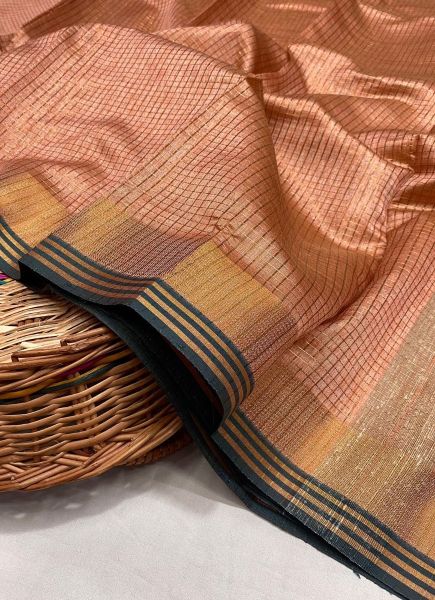 Light Salmon Woven Silk Checks Saree For Traditional / Religious Occasions