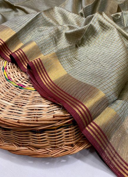 Sage Green Woven Silk Checks Saree For Traditional / Religious Occasions