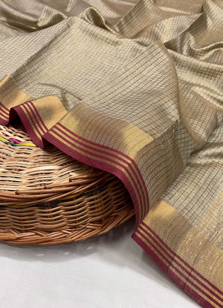 Burlywood Woven Silk Checks Saree For Traditional / Religious Occasions