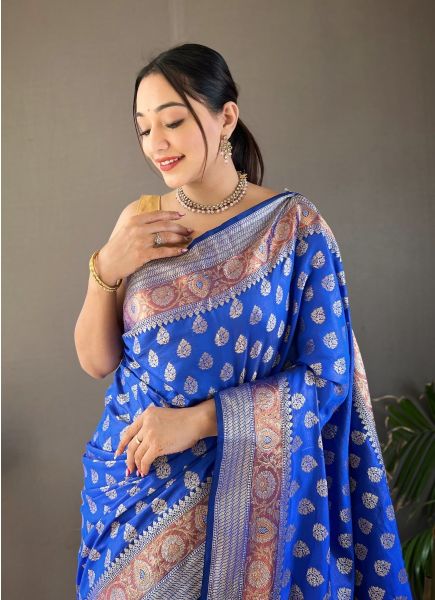 Royal Blue Banarasi Silk Woven Saree For Traditional / Religious Occasions
