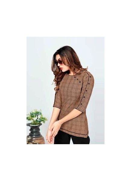 Coffee Brown Cotton Weaving College-Wear Readymade Short Top