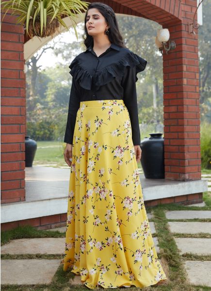 Yellow & Black Cotton Readymade Top with Bottom