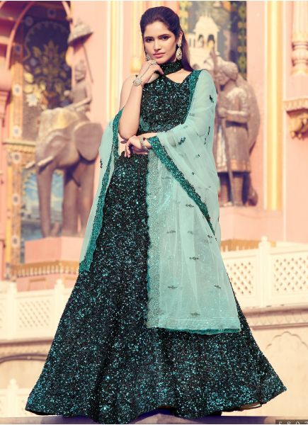 Black & Mint Blue Imported Fabrics with Sequin Work Wedding Lehenga Choli