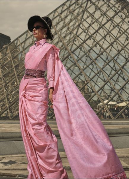 Pink Satin Silk Handloom Weaving Party-Wear Saree