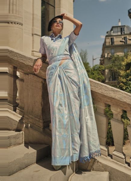 Light Sky Blue Satin Silk Handloom Weaving Party-Wear Saree