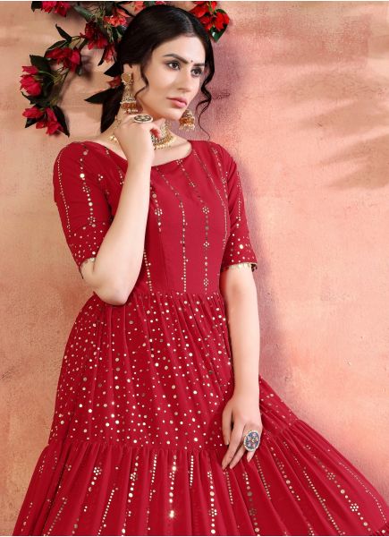 Red Georgette Semi-Stitched Floor-Length Gown