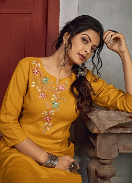 Mustard Rayon With Embroidery Work Kurti with Pant