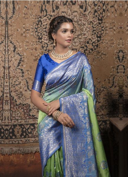 Blue & Light Green Weaving Festive-Wear Banarasi Silk Saree