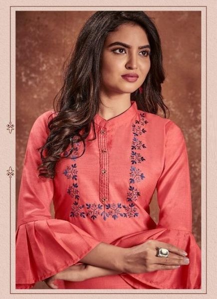 Brick Pink Cotton With Embroidery Work & Balloon Sleeves Readymade Kurti