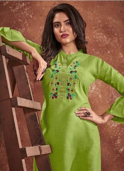 Grass Green Cotton With Embroidery Work & Balloon Sleeves Readymade Kurti