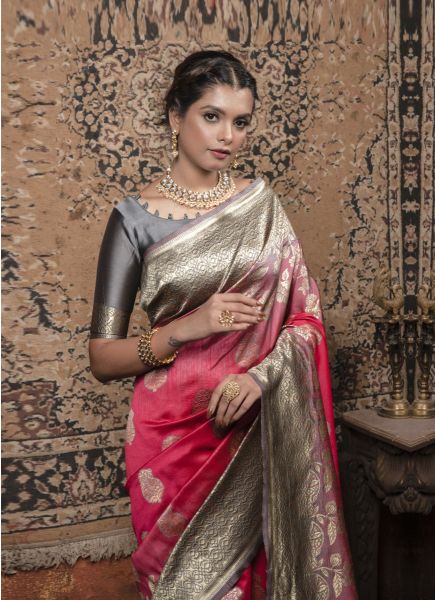 Red & Silver Gray Weaving Festive-Wear Banarasi Silk Saree