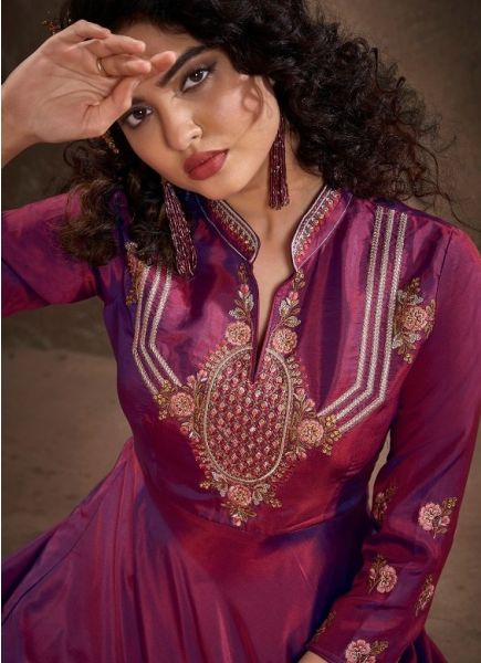 Violet Silk With Heavy Embroidery Inner Stitched Readymade Gown with Dupatta
