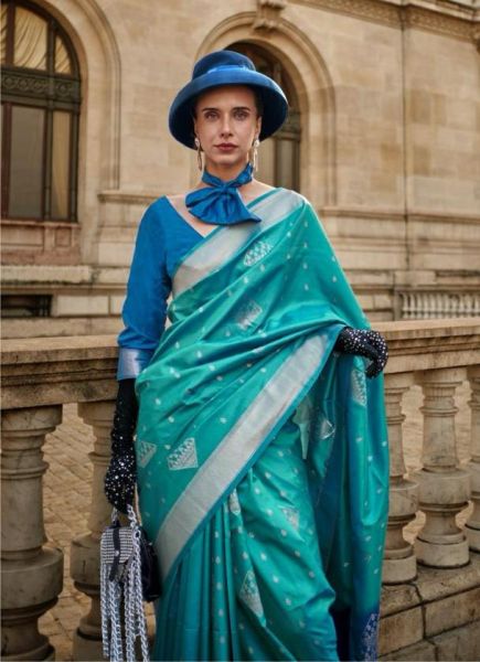 Aqua Blue Silk Handloom Weaving Saree For Traditional / Religious Occasions
