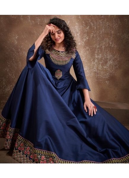 Midnight Blue Silk Readymade Gown with Dupatta
