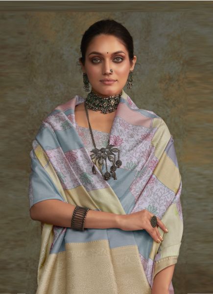 Light Lilac Handloom Silk Digitally Printed Festive-Wear Checks Saree