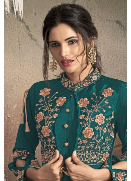 Teal Green Soft Tapeta With Embroidery Floor-Length Gown