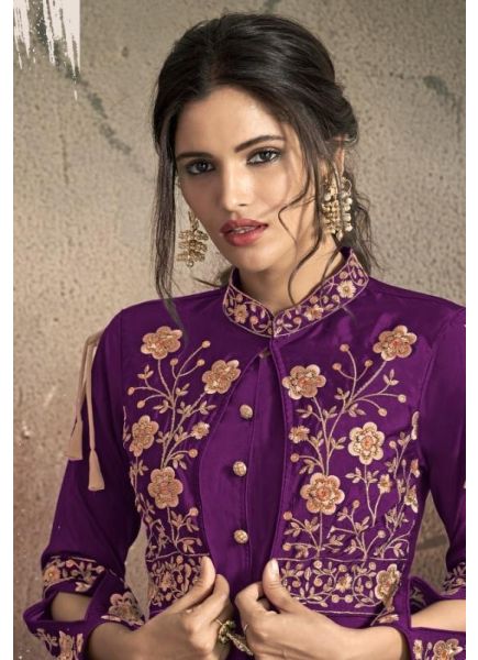 Purple Soft Tapeta With Embroidery Floor-Length Gown