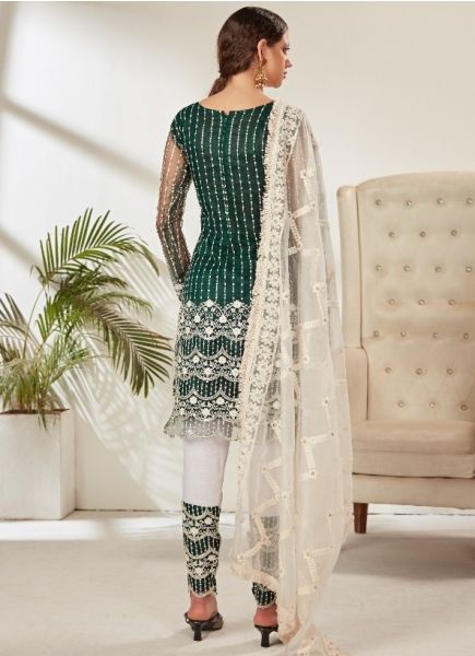 Dark Green Net With Embroidery Work Salwar Kameez