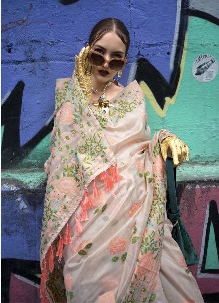 Light Peach Silk Digitally Floral Printed Saree For Traditional / Religious Occasions