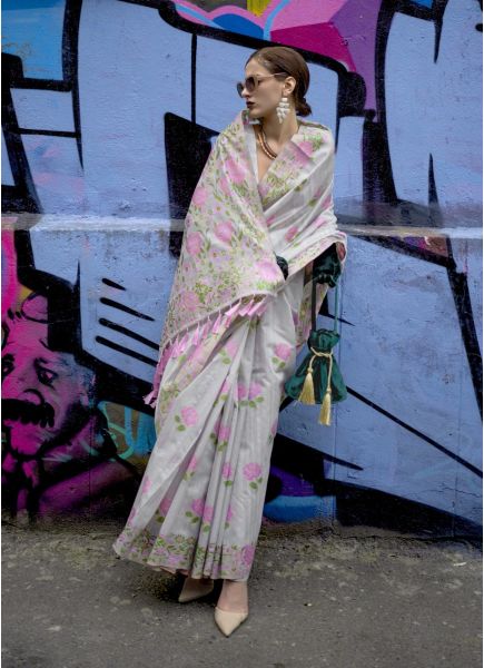 Light Gray Silk Digitally Floral Printed Saree For Traditional / Religious Occasions