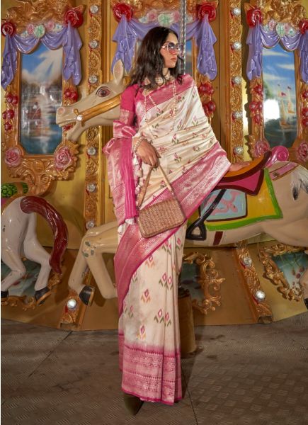 White & Pink Silk Woven Handloom Saree For Traditional / Religious Occasions