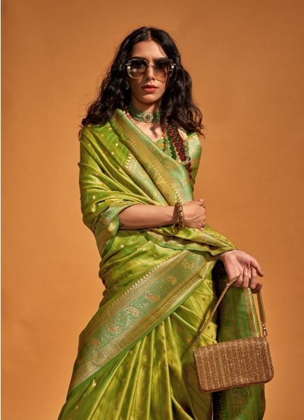 Lime Green Satin Two Tone Woven Handloom Saree For Traditional / Religious Occasions