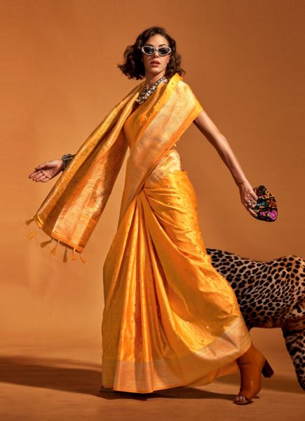 Orange Satin Two Tone Woven Handloom Saree For Traditional / Religious Occasions
