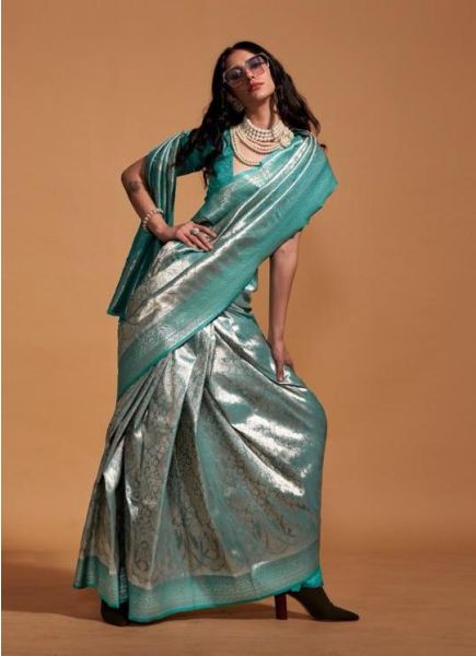 Teal Blue Kanjivaram Woven Silk Saree For Traditional / Religious Occasions