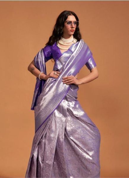Violet Kanjivaram Woven Silk Saree For Traditional / Religious Occasions