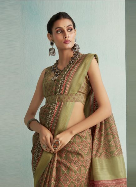 Olive Green Pure Jute Printed Handloom Saree For Traditional / Religious Occasions