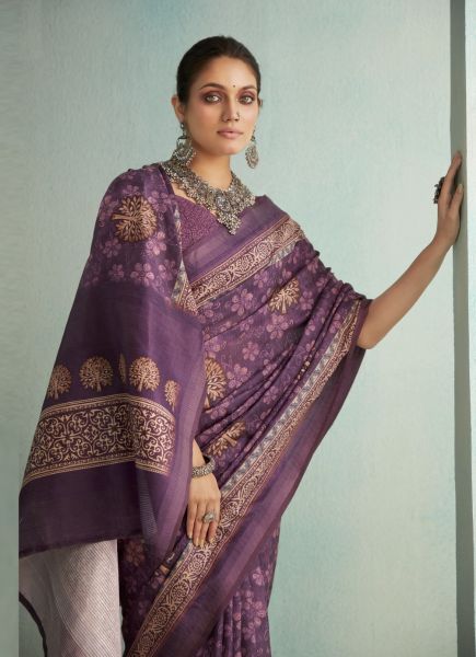 Violet Pure Jute Printed Handloom Saree For Traditional / Religious Occasions