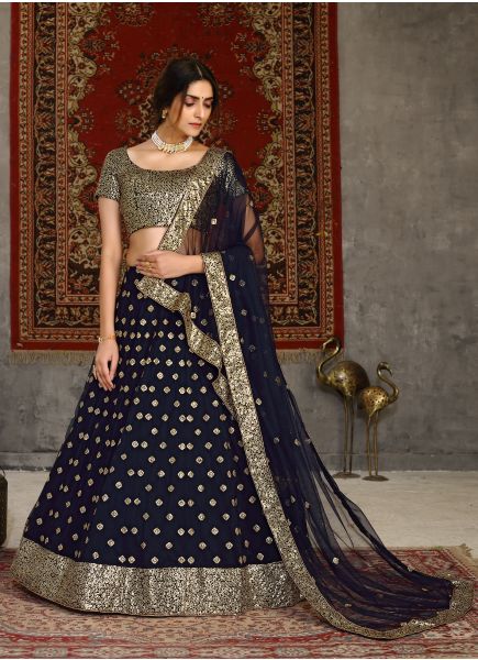 Midnight Blue Net With Sequins & Embroidery Work Lehenga Choli