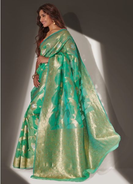Emerald Green Soft Banarasi Organza Weaving Saree