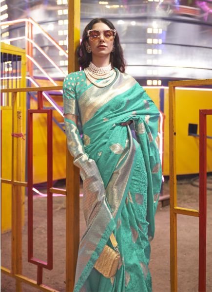 Light Teal Blue Woven Handloom Silk Saree For Traditional / Religious Occasions